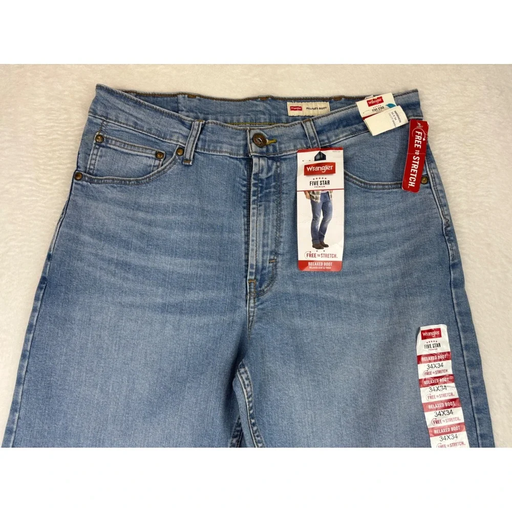 Wrangler Five Star Men's 34x34 Premium Bootcut Jeans Light Blue Washed Workwear